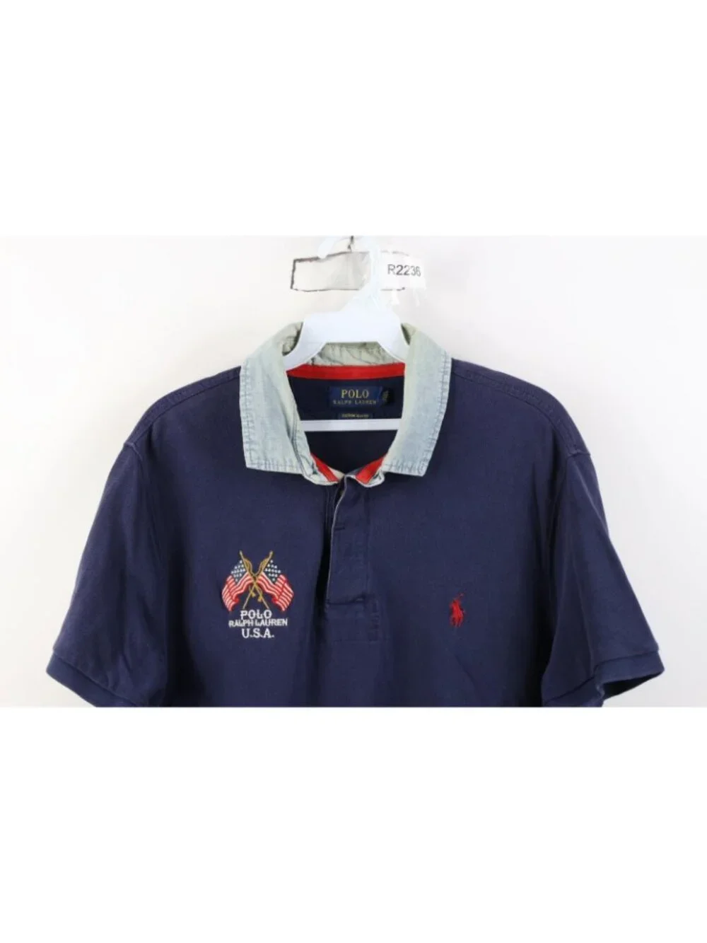 Vintage Ralph Lauren Mens Large Chambray Collar USA Flag Rugby Polo Shirt Blue